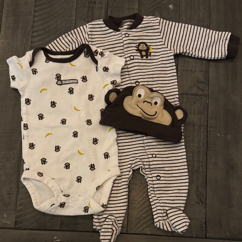 NWOT Carter's Brown and White Monkey Bodysuit Set